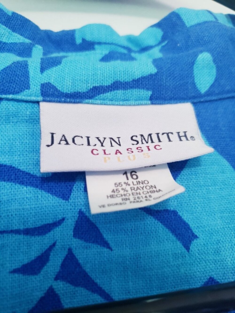 Vtg Jaclyn Smith Womens Plus 16 Blouse Linen Blend Bright Blue Floral Button Up - Picture 5 of 5